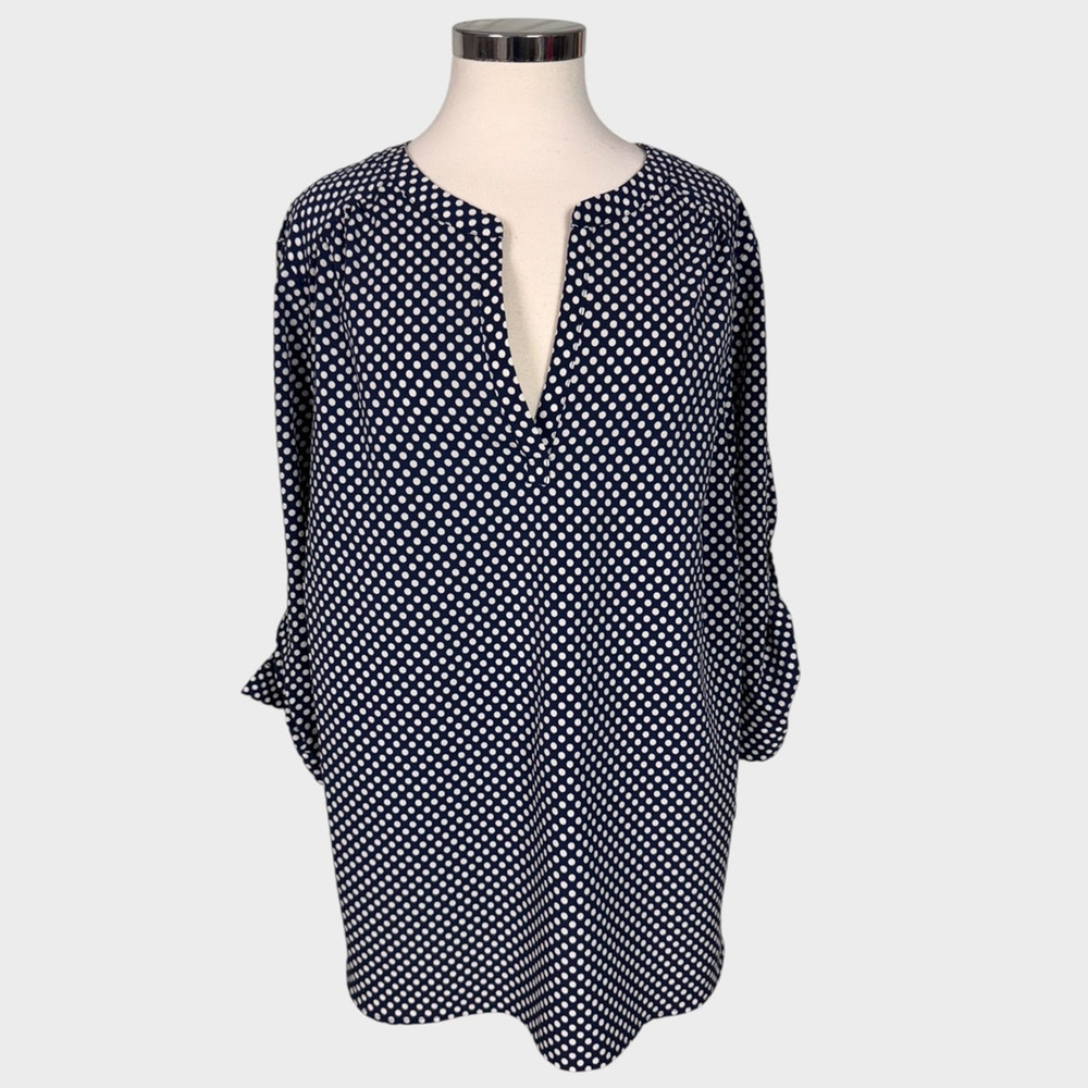 Dalia Womens 1X Navy Blue White Polka Dots Top 100% Polyester Roll Tab Sleeve